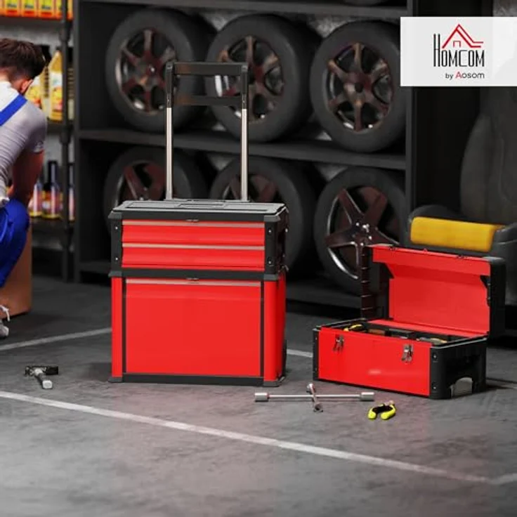 HOMCOM Werkzeugwagen, 3-teilig mit Koffer und teleskopischem Griff, modular, max. Traglast 45 kg, Rot – Bild 2