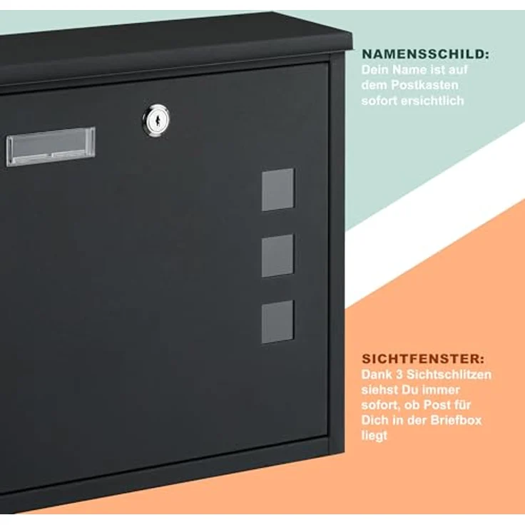 Relaxdays Briefkasten mit Sichtfenstern, Wandpostkasten aus Eisen, HxBxT: 33 x 35 x 12 cm, schwarz, 4 Schlüssel, breiter Einwurfschlitz für DIN C4-Format – Bild 8