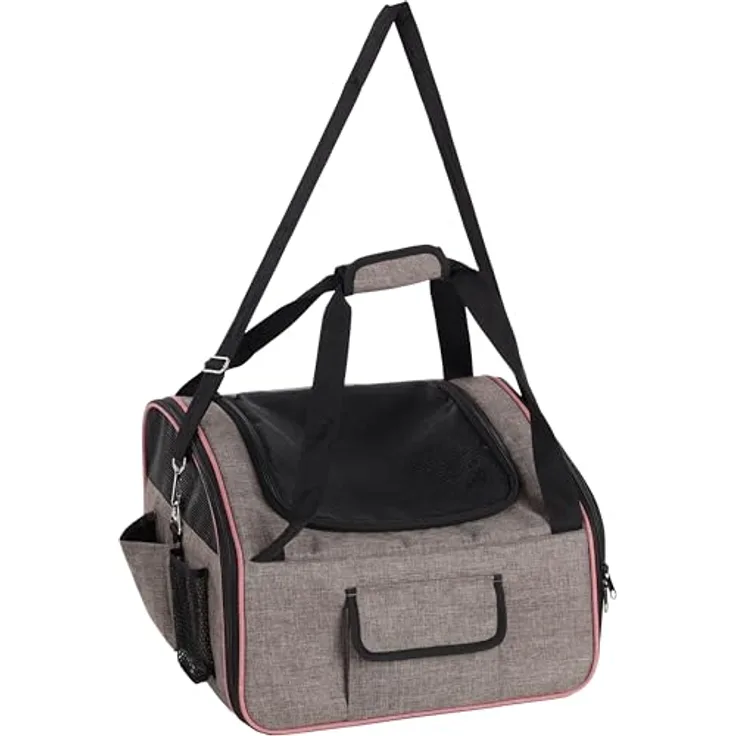 Flamingo AUTOSITZ XENOPHON WELPE TAUPE 44x37,5x29,5CM, Polyester, faltbarer Rahmen, verstellbarer Schultergurt, Kurzleine