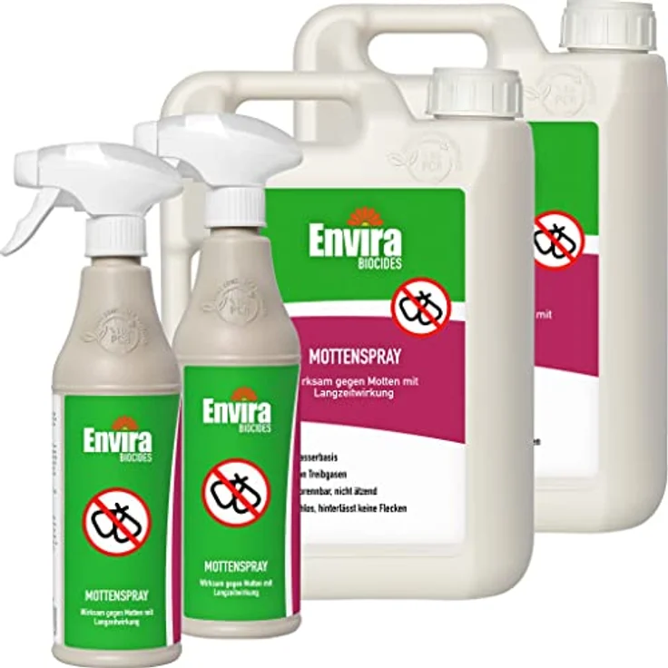 Envira Motten-Spray 2X 500 ml + 2X 2 Liter - Mittel gegen Motten, Kleidermotten, Lebensmittelmotten - Mottenschutz mit Langzeitwirkung - Mottenfalle Alternative, Geruchlos – Bild 1