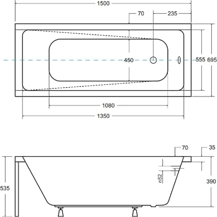 KOLMAN Badewanne MODERN Rechteck 150x70, 149 Liter Fassungsvermögen, Premium Original Acryl in reinweiß, inkl. Ablaufgarnitur und Füßen – Bild 4