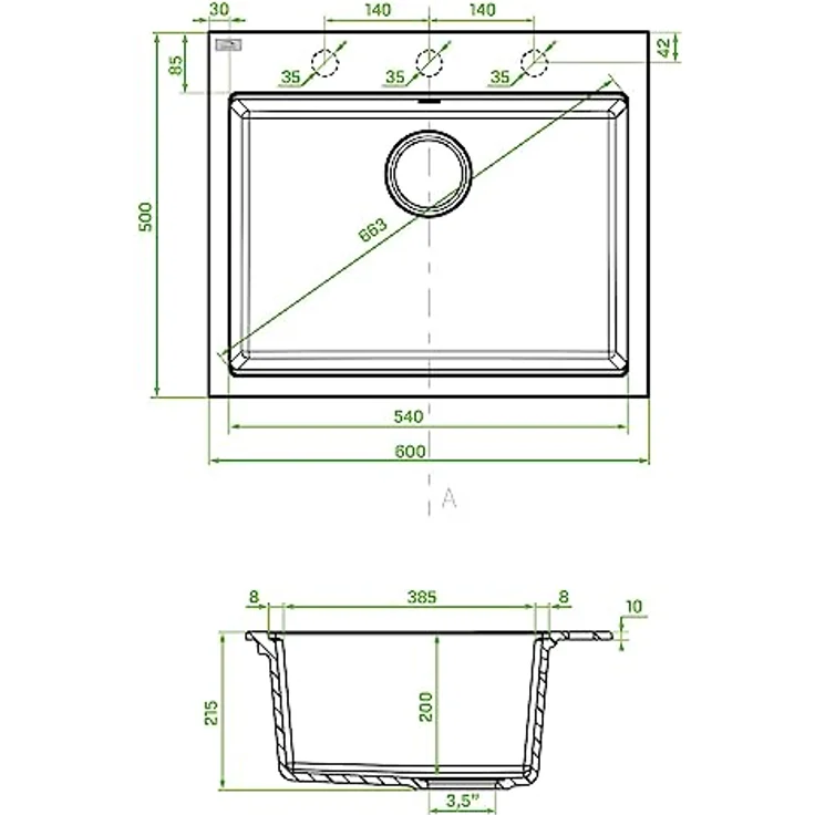KOLMAN Granitspüle Tau Einzelbecken, grau, mit Space Saving Siphon und Überlauf, 50x60 cm, kratzfest und temperaturbeständig – Bild 5