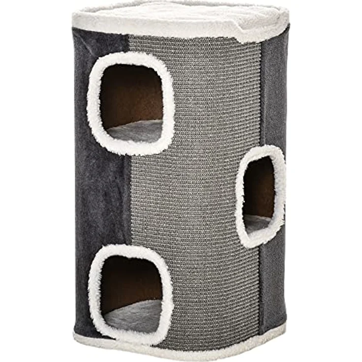 PawHut Kratztonne für Katzen Katzenkratzbaum 3 Ebenen Katzenbaum Kletterbaum für Katzen Katzenmöbel Spanplatte samtartiges Polyester Sisal Grau+Weiß 40 x 40 x 74 cm – Bild 1