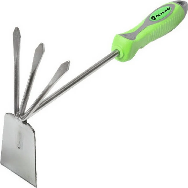 Floraworld Gartenhacke, Doppelhäckchen Edelstahl Ergo-Griff, rostfrei, ergonomischer Soft-Kunststoffeinlage, 330 x 65/50 mm