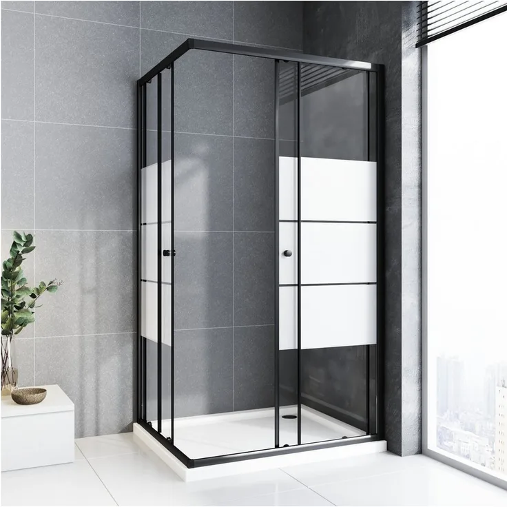 Boromal Eckdusche 90x75 75x90 Duschkabine Milchglas H:185cm, Schwarz Chrom, 5mm Sicherheitsglas, Eckeinstieg Variabel Breite, 16 Türrollen
