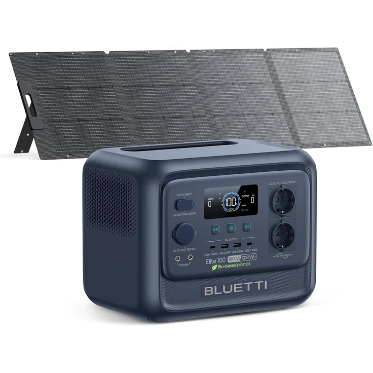 BLUETTI Elite 100 V2, Tragbare Power Station mit 1024Wh LiFePO4, 350W Solarpanel, 1800W AC-Ausgängen für Camping und Notfälle