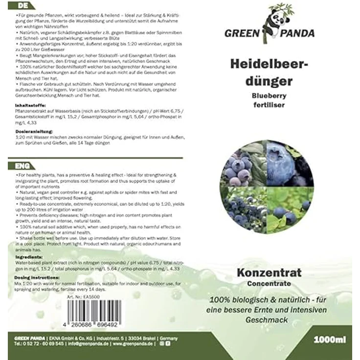 GreenPanda Heidelbeer Dünger, 1000 ml Konzentrat für verbesserte Ernte & intensiveren Geschmack, vegan, Made in Germany – Bild 2
