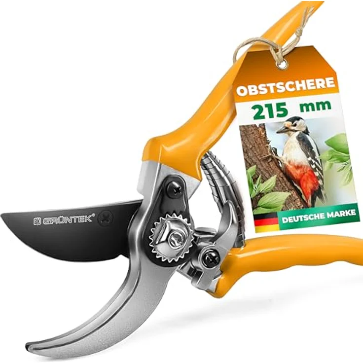 GRÜNTEK SPECHT Garten-Schere, Bypass-Rebschere mit SK5 Stahl-Klinge, Antihaftbeschichtung, ergonomischem, rutschfestem Griff, 215mm, für Rosen, Blumen, Obst & Zweige – Bild 1