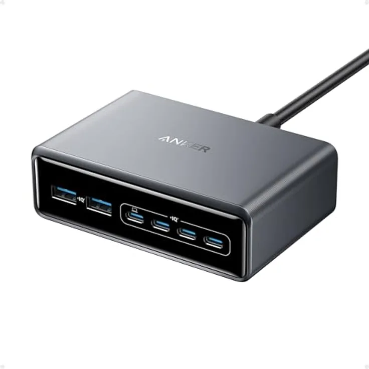 Anker Prime Ladegerät, 200W 6 Anschlüsse GaN Ladestation, USB-C PD Desktop Ladegerät mit Schnell-Laden, kompatibel mit iPhone, Samsung, MacBook, Dell - Schwarz