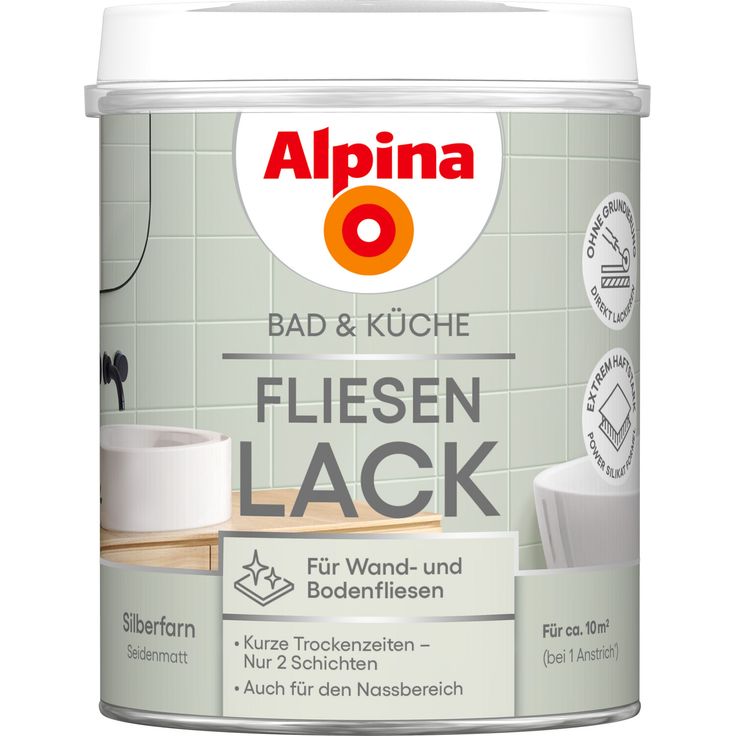 Alpina Fliesenlack 2K Silberfarn, seidenmatt, 750 ml, wasserbasis, für Nassbereich, sofortiger Anstrich ohne Grundierung
