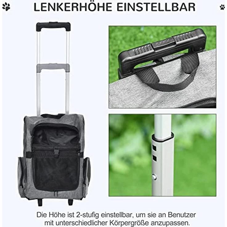PawHut Hundetrolley Transporttasche Tragetasche für Tiere Trolley 2-in-1 Haustierrucksack Hundetasche mit Tür und Fenster atmungsaktiv Oxfordstoff Grau 42 x 25 x 55 cm – Bild 5