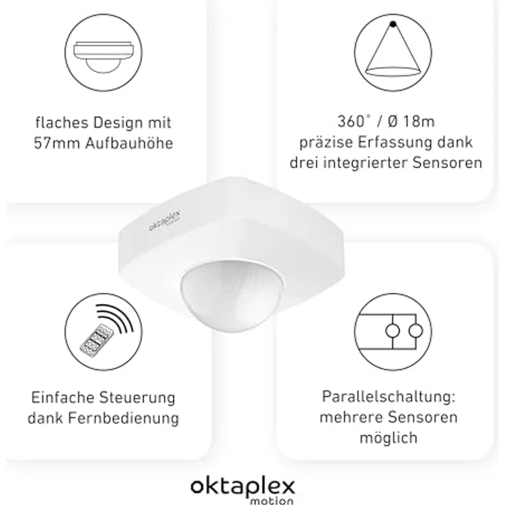 Oktaplex motion Bewegungsmelder Tim, 360 Grad PIR Sensor für außen mit IP65, inkl. Fernbedienung, Reichweite bis 9m, weiß (2-St) – Bild 2
