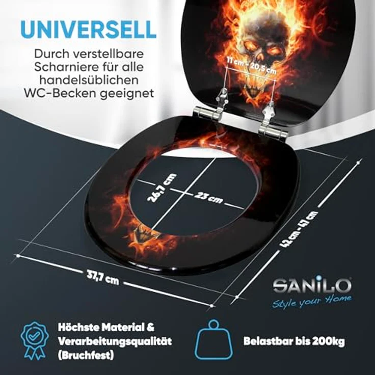 Sanilo WC Sitz Totenkopf in Flammen, Holz mit Absenkautomatik und antibakterieller Oberfläche, 47x37,7 cm – Bild 5
