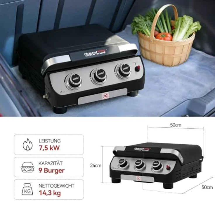 Royal Gourmet Gasgrill 3 Brenner Plancha Tischgrill, emaillierte Bratplatte, komfortabler Deckelgriff, batterie­freie Piezozündung, verstellbare Standfüße – Bild 3