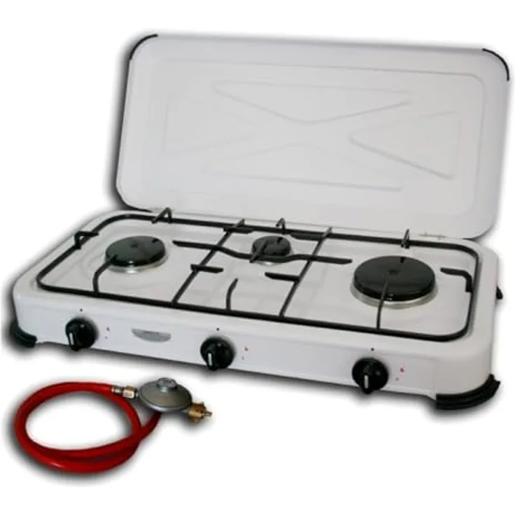 DF-Outdoor 3-flammiger Camping Gaskocher, emaillierter Topf-Träger, inklusive 80cm Anschlussschlauch und Druckminderer, weiß, 3,45 kW Leistung