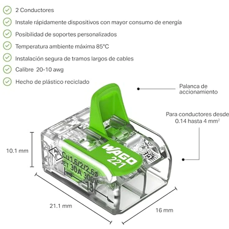 Wago Hebelklemme Green Range 221-422, 2 Leiter (0,2 - 4 mm²), transparent, 100 Stück, biozirkulär und recycelbar – Bild 2
