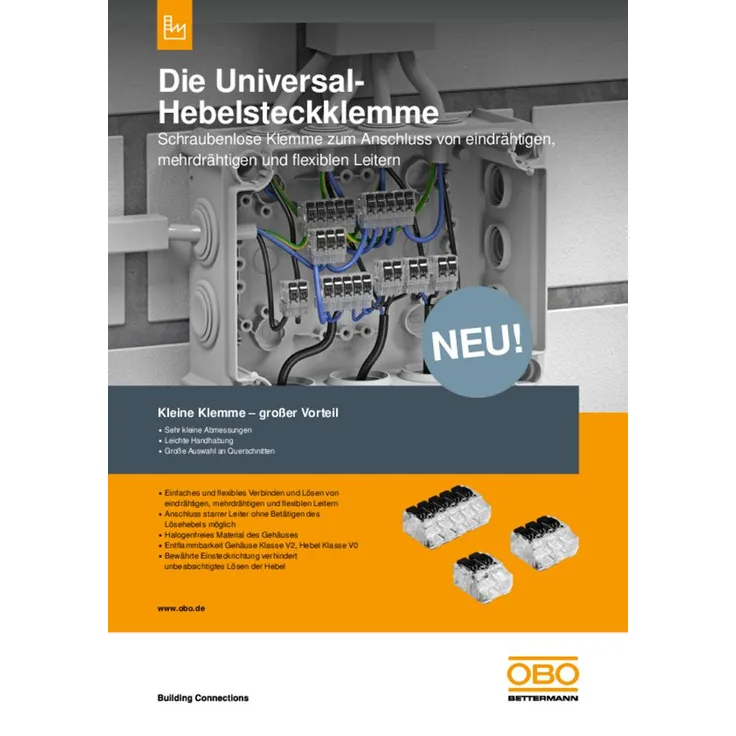 OBO Bettermann Universal-Hebelsteckklemme 61 Hsk45, schraubenlose Verbindung für flexible und starre Leiter, geprüft nach ENEC und VDE