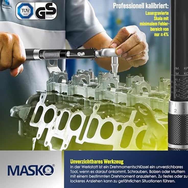 MASKO Drehmomentschlüssel 6tlg. Set 40-210Nm 1-2 ' CV inkl. 3 Stecknüssen 17mm, 19mm, 21mm und Verlängerung 125mm inkl. Koffer +- 4% Toleranz Reifenschlüssel Auto Drehmoment-Schlüssel Schwarz – Bild 3