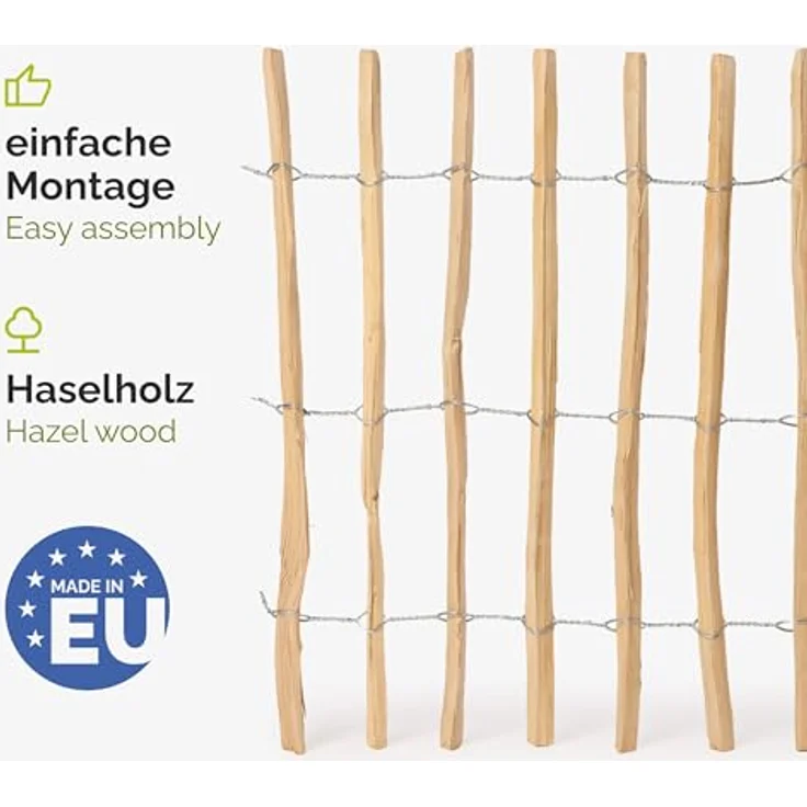 Garronda Gartenzaun GD-0079, Holz Staketenzaun 100 cm x 5m, Haselnussholz, Lattenabstand 7-8 cm, ideal zur Beeteinfassung – Bild 3