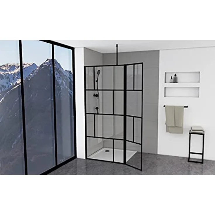 MARWELL Duschwand in modernem Design 90+40 x 195 cm - Glasdusche mit matt schwarzen Wandprofil - Einscheibensicherheitsglas für höchste Sicherheit - Montage auf Duschwanne oder Fliese - Preisvergleich