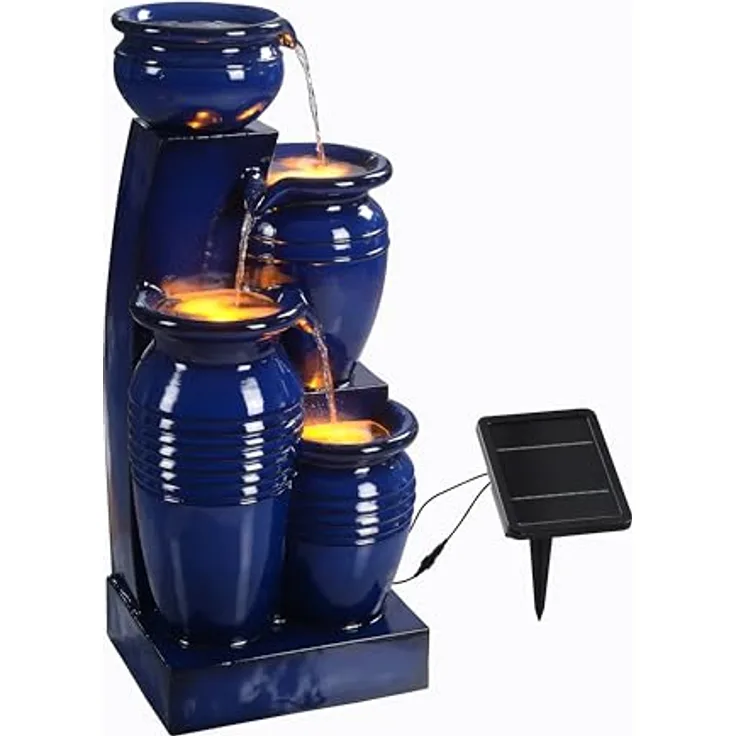 Teamson Home Gartenbrunnen Solarbrunnen 4-stufig aus Polyresin, blau mit LED-Beleuchtung, Höhe 73 cm