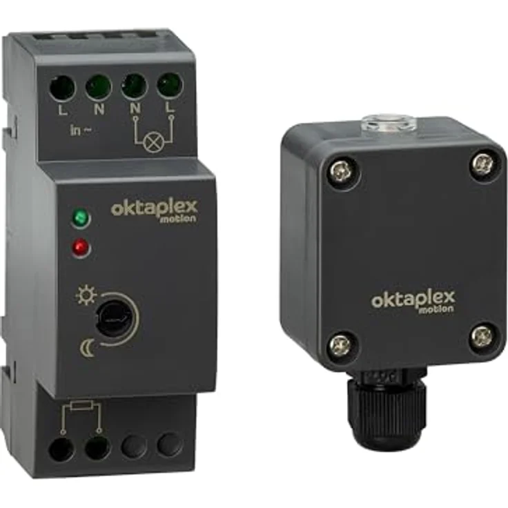Oktaplex motion Oktaplex Edi Dämmerungsschalter Hutschiene 35mm 230V externer Dämmerungsensor IP65 aussen anthrazit, Stufenlos einstellbare Dämmerungsschwelle (2 - 100 Lux) – Bild 1