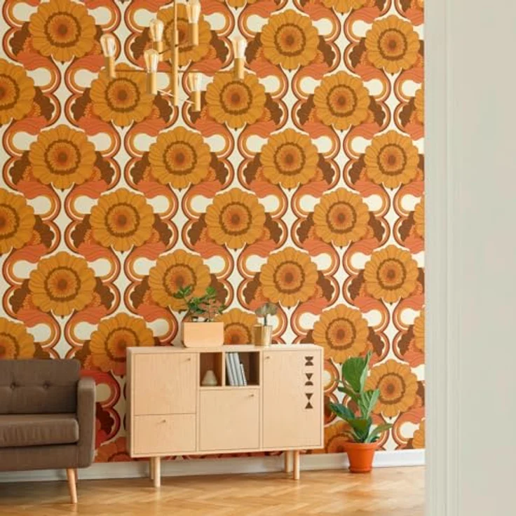 A.S. Création Retro-Tapete 70er Jahre, Vliestapete mit Blumenmuster in Gelb, Orange, Braun, 0,53 x 8,5 m, Made in Germany – Bild 1
