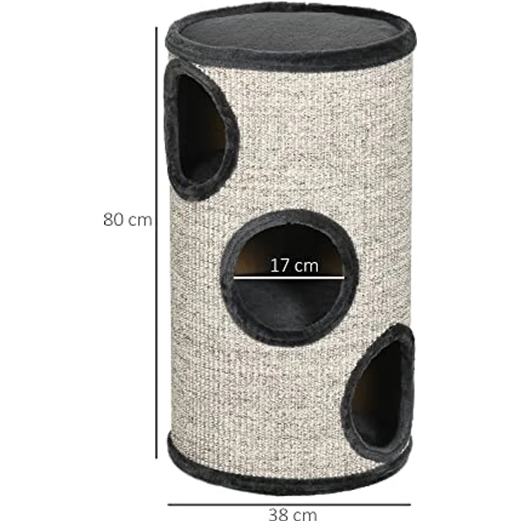 PawHut Kratztonne, Höhe 70 cm, Spieltonne für Katzen, 3 Ebenen, Katzenkratzbaum mit 3 Höhlen, Katzenbaum, Kratzturm aus Sisal, Katzenmöbel, Plüsch, Grau – Bild 3