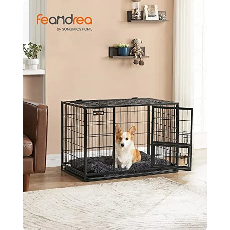 Feandrea Hundekäfig hochbelastbar, Gitterbox, transportabler Haustierkäfig, 92,5 x 57,5 x 64 cm, für kleine, mittelgroße Hunde, sicher, 2 abnehmbare Türen, Welpenauslauf, L, tintenschwarz – Bild 2