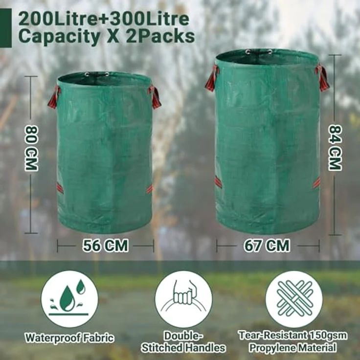 Velway Gartensack 200L+300L, stabiler Gartenabfallsack mit 4 Griffen, robust und wasserdicht, wiederverwendbar und faltbar für Grünschnitt, Laub und Gartenabfälle – Bild 2