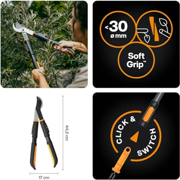 Fiskars OneClick Astschere Bypass, Aufsatz für saubere Schnitte mit gehärteten Stahlklingen, Schwarz/Orange, 510 g – Bild 2