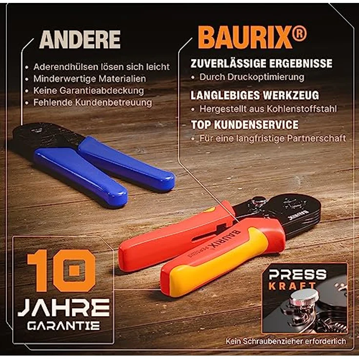 BAURIX® Crimpzange Aderendhülsen PERSEUS, selbsteinstellende Zange für 0,25–10 mm², ergonomischer Griff, gleichmäßige 4-Kant-Verpressung – Bild 4