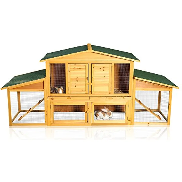 Melko XXL Hasenstall für Draußen, Winterfest, mit Freilauf, 215 x 73 x 100 cm groß, aus Holz mit Schubladen zur einfachen Reinigung