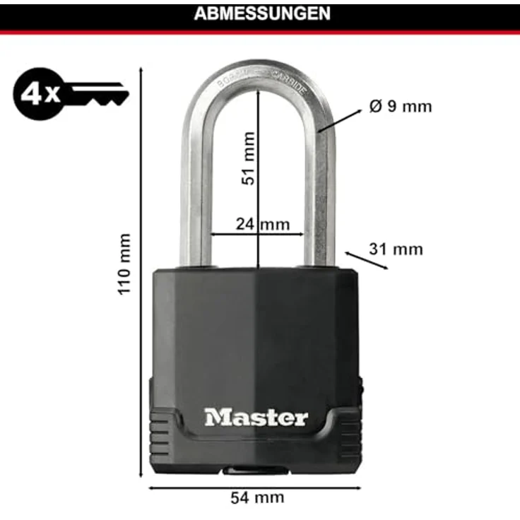 MASTER LOCK Hochsicherheits Vorhängeschloss [Schloss mit Schlüssel] [Beschichtetem Laminiertem Stahl] [Wetterfest] [Large Bügel] M115EURDLH - Ideal für Lagerräume, Lagerschuppen, Garagen, Zäune – Bild 5