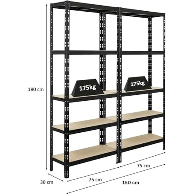 Proregal Schwerlastregal Mega Deal APOLLO, 5 Fachböden, Traglast 175 kg pro Boden, H 180 x B 75 x T 30 cm, Schwarz – Bild 2