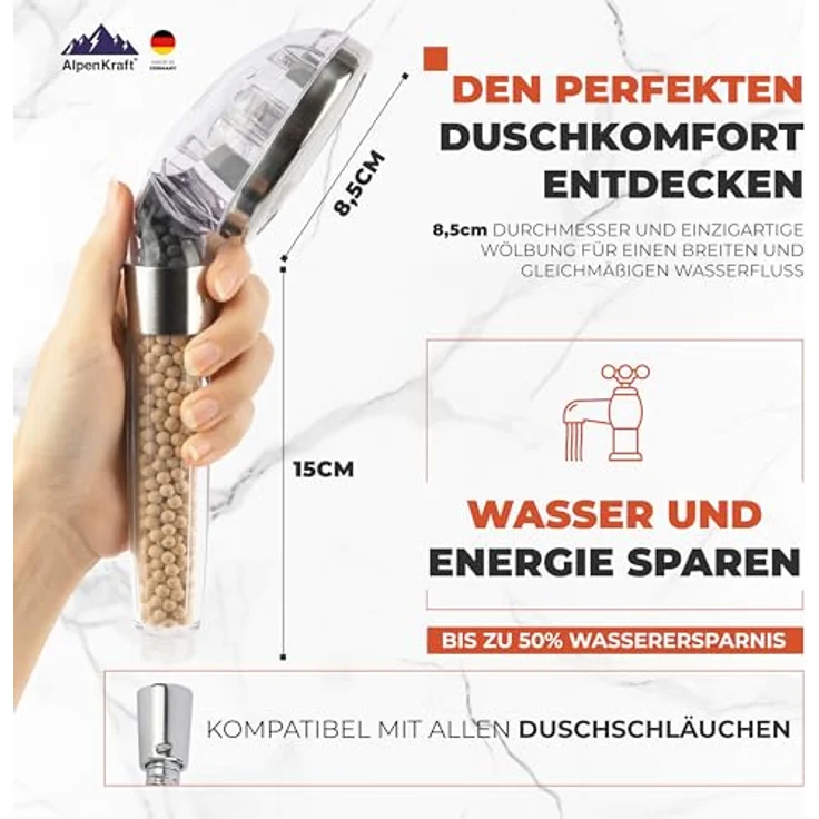 ALPENKRAFT Zugspitze Duschkopf Original Made in Germany - Duschkopf wassersparend und druckerhöhend - Hochdruckduschkopf mit Aktivkohle und Zeolith Filterperlen – Bild 2
