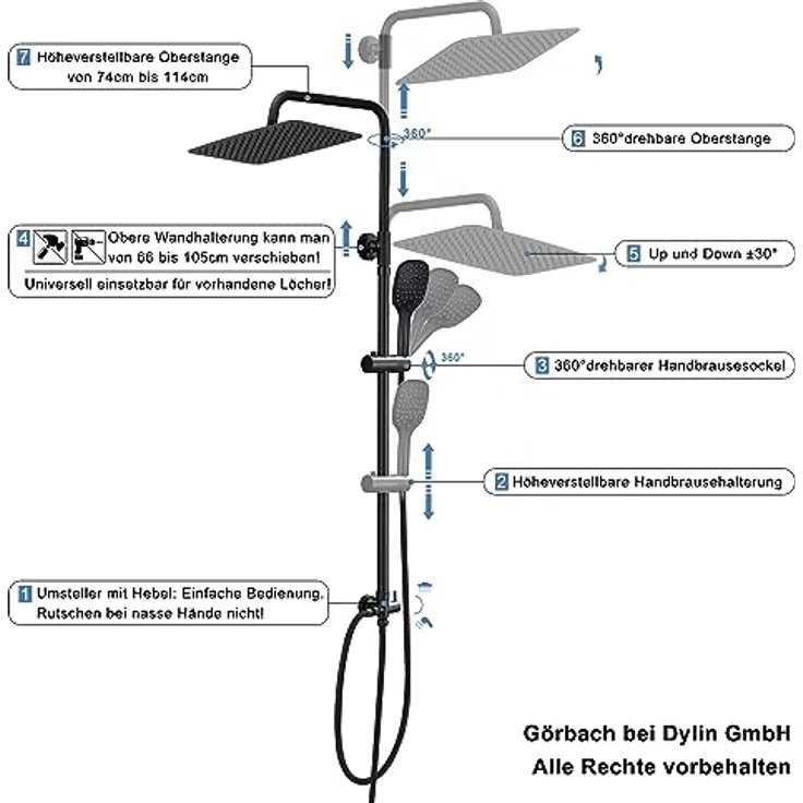 JOHO XXL Duschset ohne Armatur, Matt Schwarz Duschstangeset, Regendusche mit 35x25cm Edelstahl Duschkopf, höhenverstellbar und 3 Strahlarten – Bild 5