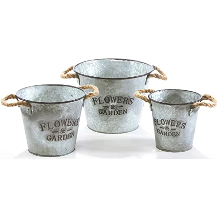 Kobolo Pflanztopf Pflanzgefäß Übertopf rund aus Metall Silber 3er Set Zinkblech Optik, rustikaler Vintage-Stil mit Seilgriffen – Bild 1