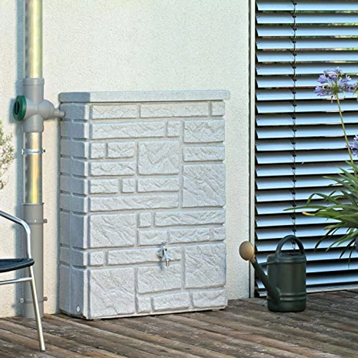 PROSPERPLAST Regentonne Regenwassertank Maurano 300 Liter Granit grau mit kindersicherem Deckel und hochwertigen Messinganschlüssen – Bild 3
