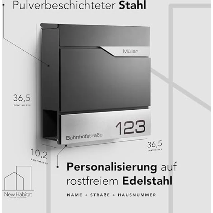 NewHabitat Moderner Briefkasten Personalisierbar Manhattan Anthrazit RAL7016 mit Zeitungsfach, Edelstahl Namensschild und Hausnummer Gravur - Rostfrei und UV-beständig – Bild 3