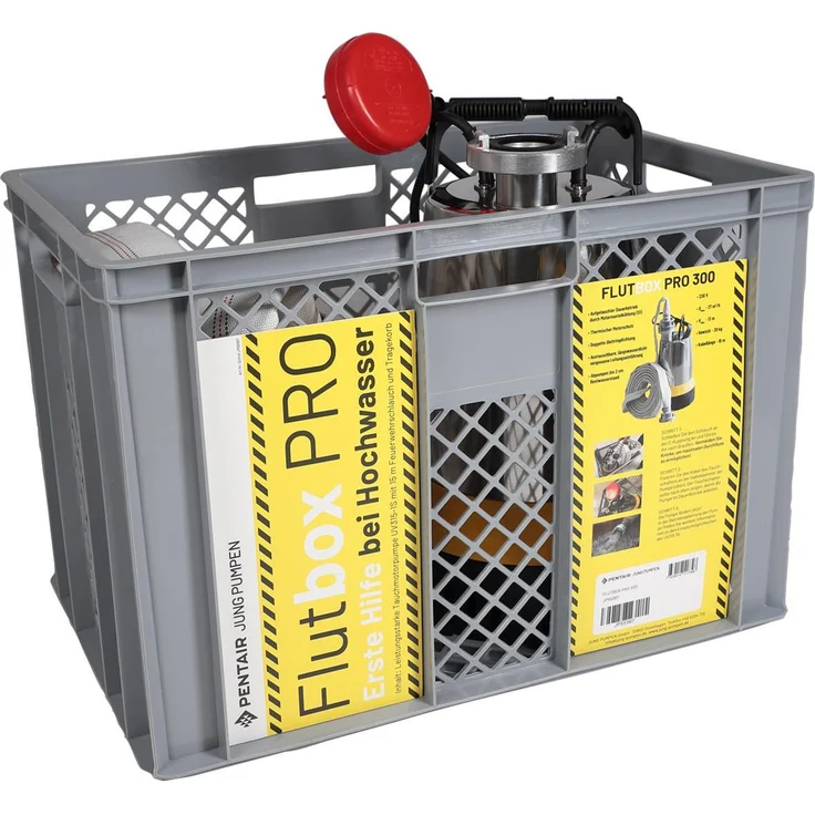 Pentair JUNG PUMPEN FLUTBOX Pro 300, Schmutzwasserpumpe aus rostfreiem Stahl mit IP68 Schutzart, inkl. 15 m Druckschlauch und Transportbox
