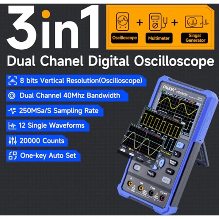 OWON HDS242S Handoszilloskop Multimeter, 2-Kanäle, 40MHz Bandbreite, 250MSa/s Abtastrate, 20000 Zähler, tragbares digitales Automobiloszilloskop für Spannung, Strom, Kondensator – Bild 2