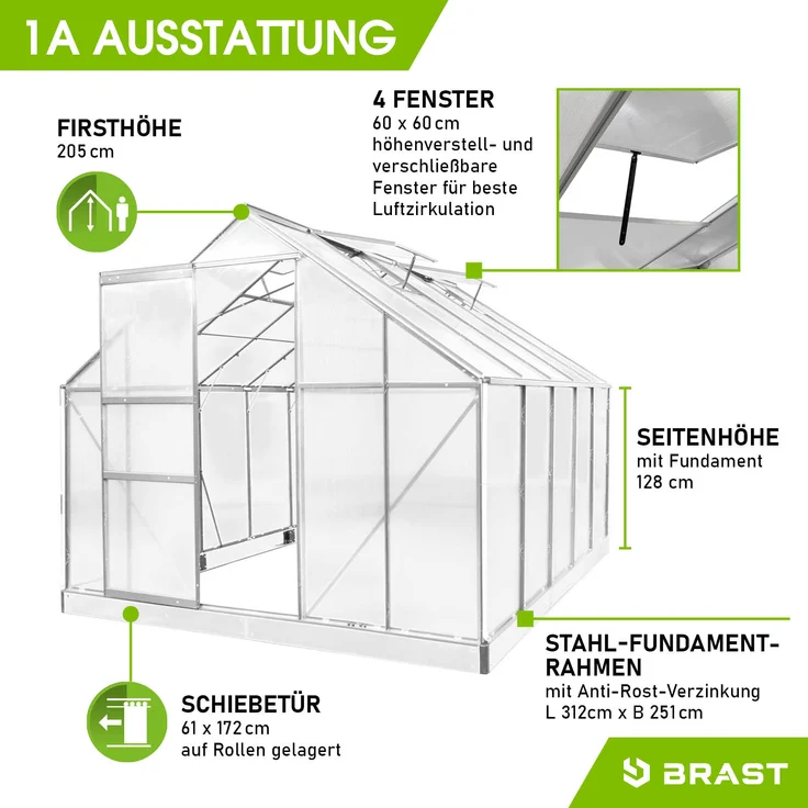 BRAST Gewächshaus Aluminium mit Fundament rostfrei geprüft 6mm Platten 310x250x205cm Silber – Bild 5