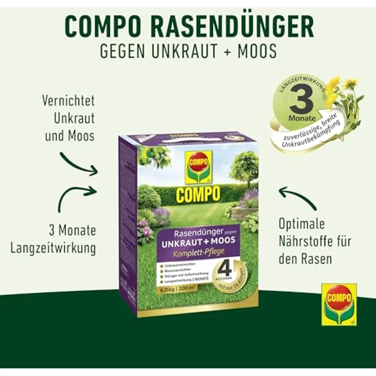 Compo Rasendünger gegen Unkraut + Moos Komplett-Pflege - Optimaler Langzeitschutz - 6 kg für 200 m² – Bild 2