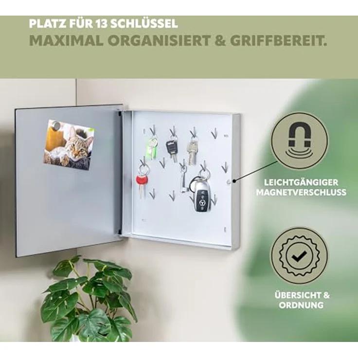 bremermann Schlüsselkasten XL, mit schwarzer Glasfront, 13 Haken, grau, inklusive Marker und Magneten – Bild 5