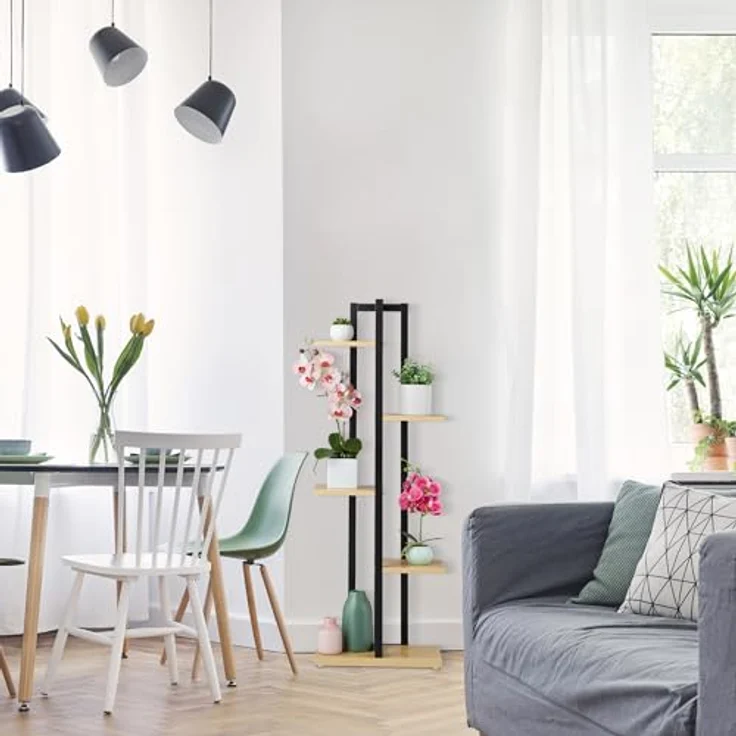 Relaxdays Pflanzenregal, Blumentreppe mit 5 Ablagen, HBT 117 x 43 x 22 cm, Stahl u. MDF, Blumenregal innen, schwarz-weiß – Bild 5