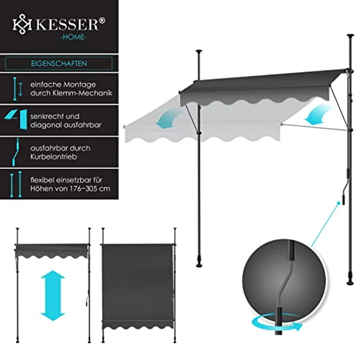 KESSER® Klemmmarkise mit Handkurbel Balkon, Balkonmarkise ohne Bohren, UV-beständig höhenverstellbar wasserabweisend, Sonnenschutz, Terrassenüberdachung, einfache Montage 250cm, Anthrazit – Bild 2