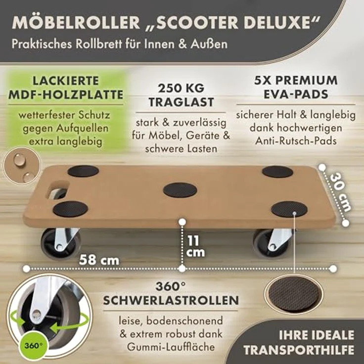 TTL HOME Möbelroller Scooter Deluxe, 58x30x11cm, 250kg Traglast, lackiertes Rollbrett mit 360° Gummi-Rollen drehbar & 5 Anti-Rutsch-Pads für Indoor & Outdoor – Bild 2
