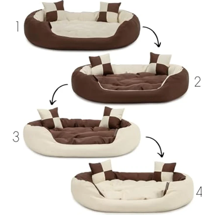 lionto Tierkissen 4-in-1 Hundebett aus Oxfordgewebe, braun/beige, 65 cm x 50 cm - Wendekissen, inkl. 2 kleine Spielkissen – Bild 3