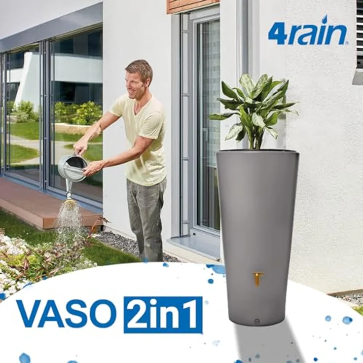 4rain Vaso 2in1 Regentonne 220 Liter zinkgrau inkl. Kunststoff-Auslaufhahn und Fallrohranschluss - Regenwassersammeln und stilvolles Gartenaccessoire – Bild 2